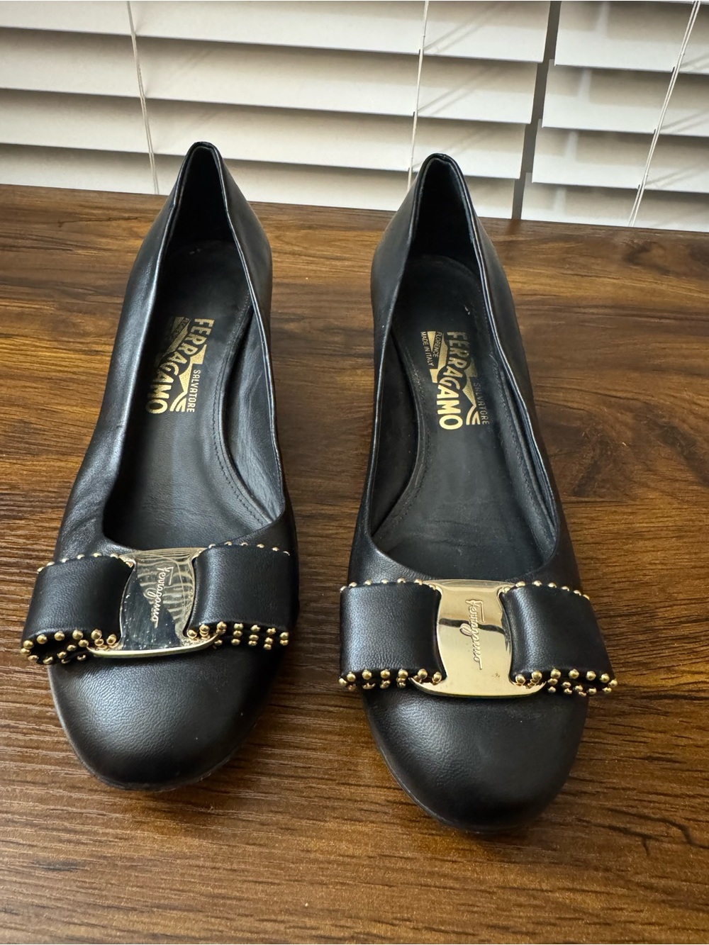 Salvatore Ferragamo Black Leather Bow 1.5” Pumps with Gold Plate
